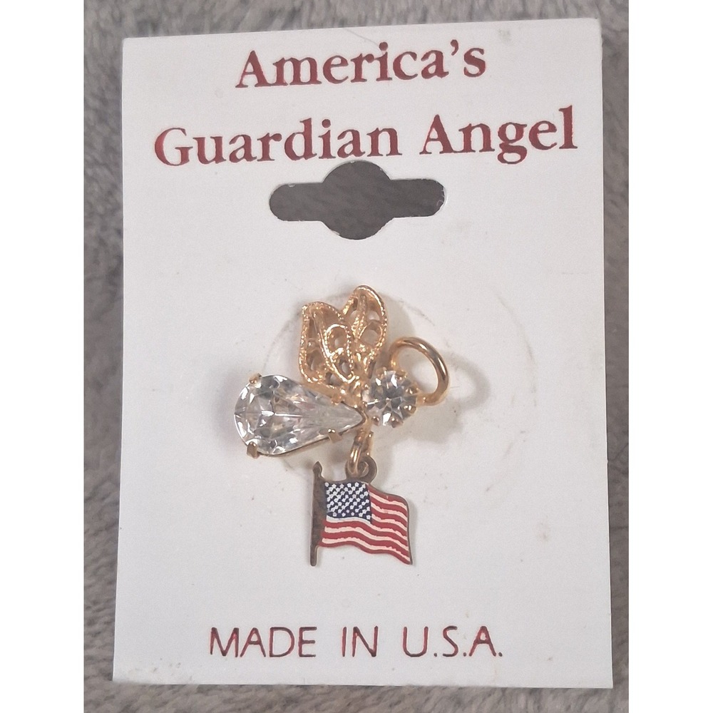 Roman Inc Americas Guardian Angel Pin Gold Tone Rhinestone USA Flag 41010 NEW